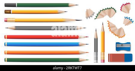 Realistic wooden graphite pencils, sharpener, eraser and shavings.  Sharpened pencil sizes, writing and drawing tools. Stationery vector set, Stock vector