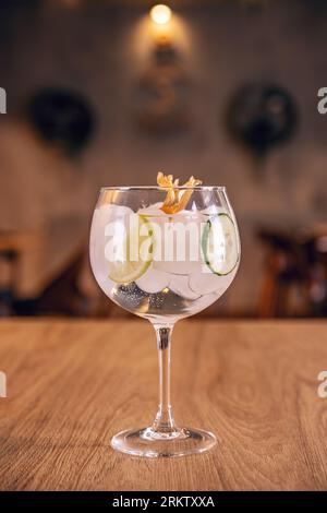 Alcohol refreshing cocktail with lemon and cucumber in glass goblet Stock Photo