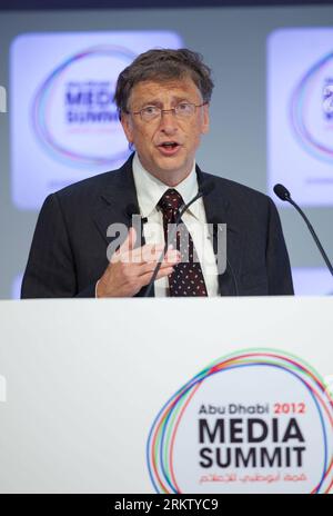 (121009) -- ABU DHABI, Oct. 9, 2012 (Xinhua) -- Bill Gates, the co-founder of Microsoft Corp. and co-chair of the Bill&Melinda Gates Foundation, delivers a speech during the opening session of the three-day Abu Dhabi 2012 Media Summit, the United Arab Emirates, on Oct. 9, 2012. (Xinhua) UAE-ABU DHABI-MEDIA SUMMIT-GATES PUBLICATIONxNOTxINxCHN   Abu Dhabi OCT 9 2012 XINHUA Bill Gates The Co Founder of Microsoft Corp and Co Chair of The  Gates Foundation delivers a Speech during The Opening Session of The Three Day Abu Dhabi 2012 Media Summit The United Arab Emirates ON OCT 9 2012 XINHUA UAE Abu Stock Photo