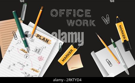 Office work black chalkboard with sheets of paper with notes scattered on it realistic  vector illustration Stock Vector