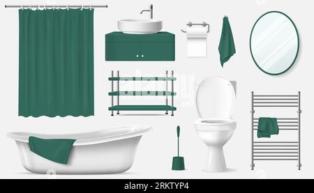 Bathroom interior elements realistic set of bath sink toilet bowl toilet paper mirror  towel isolated vector illustration Stock Vector