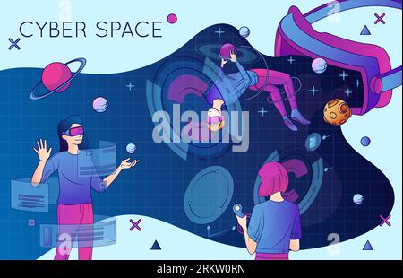 Cyberspace flat poster with people experiencing space exploration using virtual reality headset vector illustration Stock Vector