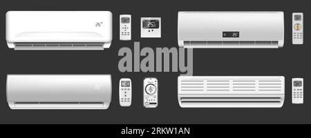 Realistic set of different modern air conditioners with remote controls and thermostats on black background isolated vector illustration Stock Vector