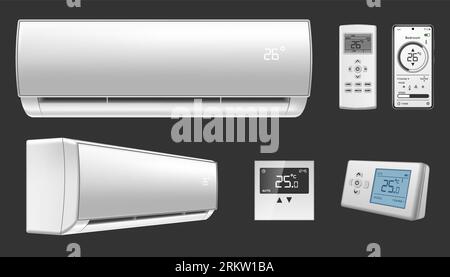 Air conditioner split system realistic set with indoor unit remote control thermostat isolated on black background vector illustration Stock Vector