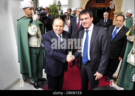 Bildnummer: 58588318  Datum: 14.10.2012  Copyright: imago/Xinhua (121014) -- ALGIERS, Oct. 14, 2012 (Xinhua) -- Algerian President Abdelaziz Bouteflika (2nd L front) receives French Interior Minister Manuel Valls (R front), at the residence Djenane El Mufti in Algiers, Algeria, on Oct. 14, 2012. Valls arrived Saturday in Algiers to begin a two-day working visit, in preparation for the visit of French President Francois Hollande in the North African country, which is due on early December. (Xinhua/Mohamed Kadri) ALGERIA-ALGIERS-FRANCE-VISIT PUBLICATIONxNOTxINxCHN Politik people xas x0x 2012 que Stock Photo