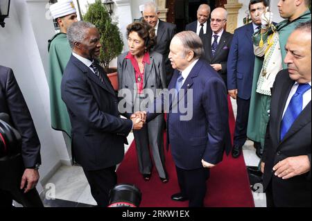 Bildnummer: 58588317  Datum: 14.10.2012  Copyright: imago/Xinhua (121014) -- ALGIERS, Oct. 14, 2012 (Xinhua) -- Algerian President Abdelaziz Bouteflika (R) meets with Thabo Mbeki (L), former president of South Africa and chairman of the United Nations High-Level Panel, at the residence Djenane El Mufti in Algiers, Algeria, on Oct. 14, 2012. Mbeki said his visit in Algeria was to study the Algerian experience in the fight against the illicit transfer of funds. (Xinhua/Mohamed Kadri) ALGERIA-ALGIERS-MBEKI-VISIT PUBLICATIONxNOTxINxCHN Politik people xas x0x 2012 quer      58588317 Date 14 10 2012 Stock Photo