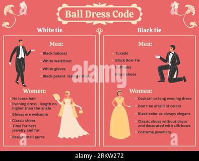 Royal ball infographic set with man and woman dress code symbols flat vector illustration Stock Vector