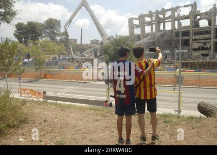 father and son visiting Spotify Camp Nou demolition Stock Photo