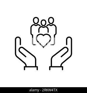 hand with heart community, icon, concept empathy or charity, solidarity love, care people, volunteer support, thin line symbol on white background - e Stock Vector