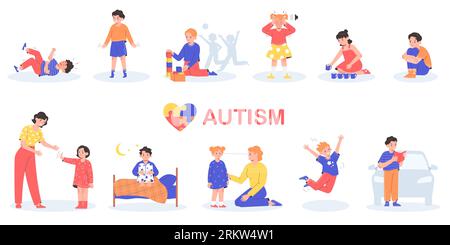 Autism flat set of children suffering from autistic spectrum disorder isolated vector illustration Stock Vector