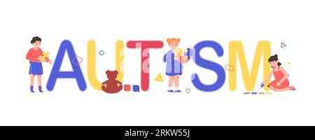 Autism text composition in flat style with kids holding colorful puzzle pieces vector illustration Stock Vector