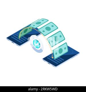 Flat 3d Isometric Two Smartphones Sending and Receiving Money. Money Transfer and Online Banking Concept. Stock Vector