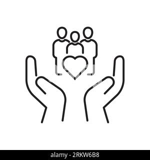 hand with heart community, icon, concept empathy or charity, solidarity love, care people, volunteer support, thin line symbol on white background - e Stock Vector