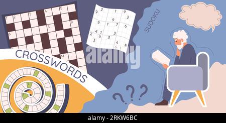 Crossword sudoku composition with collage of flat icons cross word puzzles of different shape and man vector illustration Stock Vector