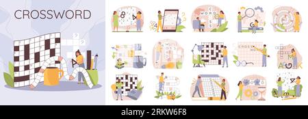 Crossword sudoku flat composition with papers coffee cup pens pencils and text with set of icons vector illustration Stock Vector