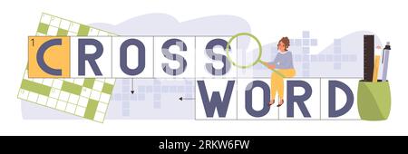 Crossword sudoku flat text composition with female character sitting on cells with letters lens and pens vector illustration Stock Vector