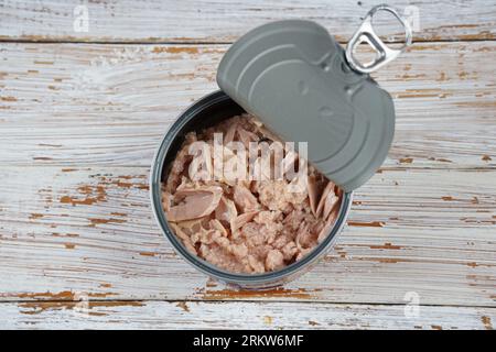Canned Tuna ,  Fish Chunks in Open Tin Can, Tuna Oil Preserve, Seafood Conserve Stock Photo