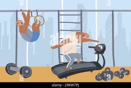 Sloth laziness concept flat composition with indoor view of gym with window cityscape and practicing characters vector illustration Stock Vector