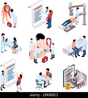 People doing through medical checkup isometric icons set isolated 3d vector illustration Stock Vector
