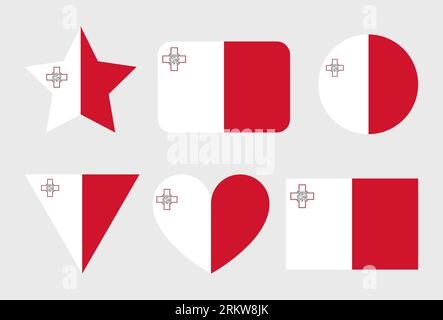 Malta flag vector icons set of illustrations in the shape of heart, star, circle and map. Stock Vector