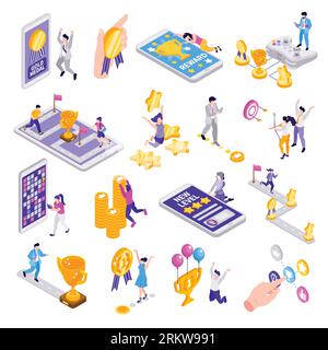 Gamification isometric set of people playing games and getting rewards isolated 3d vector illustration Stock Vector