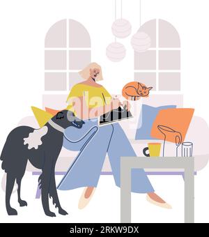Digital artist woman drawing on tablet at home vector illustration. Stock Vector