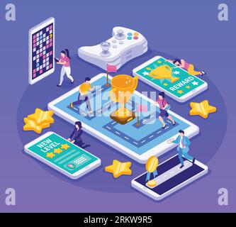 Gamification isometric composition with tiny people reaching goals playing games on gadgets vector illustration Stock Vector