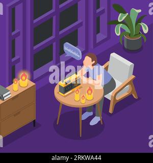 Power outage isometric composition with girl listening portable radio receiver with candlelight vector illustration Stock Vector
