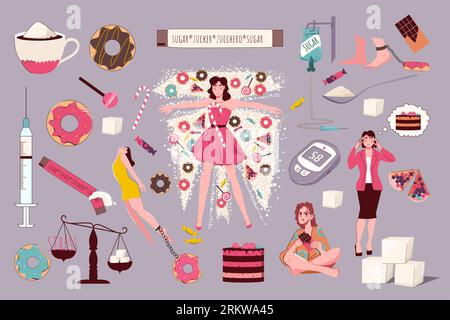 Sugar addiction set of addicted people and sweet things isolated on color background flat vector illustration Stock Vector