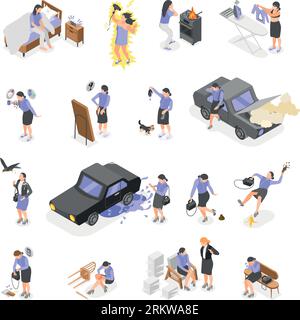 Unlucky day isometric icons with unhappy people because of unpleasant events home in office and outdoors isolated vector illustration Stock Vector