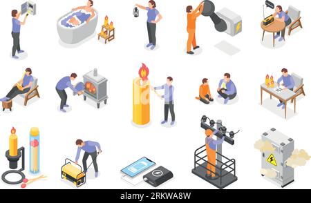 Power outage isometric icons with people using alternative energy sources so as flashlight candle fireplace isolated vector illustration Stock Vector