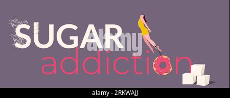 Sugar addiction flat horizontal banner with female character chained to donut on color background vector illustration Stock Vector