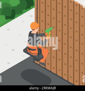 Industrial climber isometric background with professional handyman with equipment and tools working at height vector illustration Stock Vector