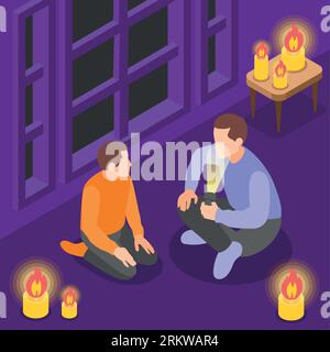 Power outage isometric background with father talking to his son sitting on floor surrounded by candles vector illustration Stock Vector