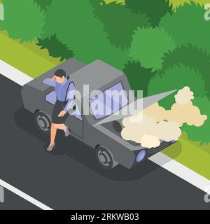 Traffic accident isometric background with unhappy woman character near broken car with opened smoking hood on road vector illustration Stock Vector