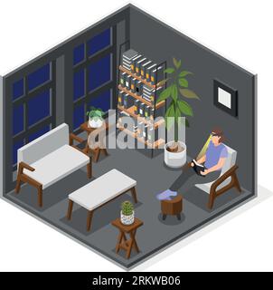 Power outage isometric composition with woman sitting in armchair and reading book by flashlight mounted on forehead vector illustration Stock Vector