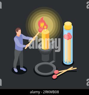 Power outage isometric design concept with man lighting big candle by giant match 3d vector illustration Stock Vector
