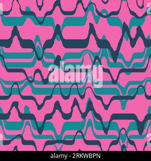 Hand drawn seamless pattern with minimalist lines waves curves, stripes striped abstract geometric design. Pink tean blue indigo navy print, trendy warm colors, creative stroke doodle. Retro vintage style Stock Photo