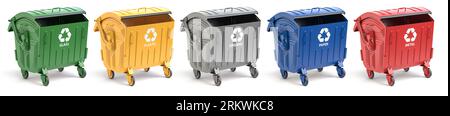Garbage containers with separated garbage. Trash bins for plastic, glass, paper and organic. Segregate waste and garbage recycling concept.3d illustra Stock Photo