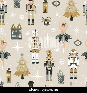 Seamless Christmas Pattern with Nutcrackers ballerina in Vector on beige. Stock Vector
