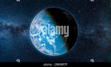 Planet Earth in the Starry Sky. Sphere of Earth planet in outer space. City lights on planet. Life of people. Solar system element. Elements of this i Stock Photo