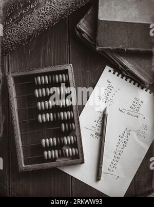 Old wooden abacus in black white colors Stock Photo