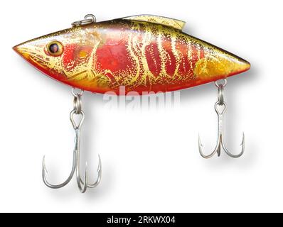 Yellow and blue fishing lure with shadow seen from the side Stock
