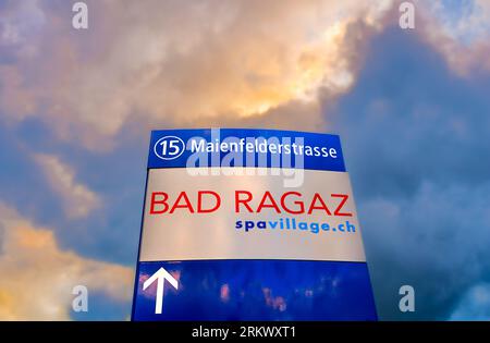 Bad Ragaz, Switzerland - July 25, 2023: Board with information about important points in the famous Swiss spa resort of Bad Ragaz Stock Photo
