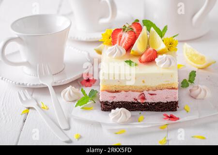 Delicious strawberry sponge cake with jelly and fruits. Summer fruit jelly cake . Stock Photo