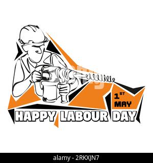 A man builder in a helmet with a drill. Isolated vector object by hand on a white background Stock Vector
