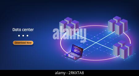 Datacenter server room cloud storage technology and big data processing Data center or server room with servers of information cloud storage. Dark dat Stock Vector