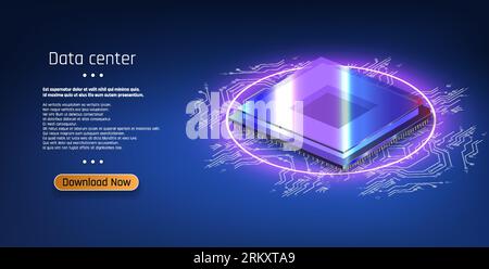 Futuristic microchip processor with lights on the blue background. Quantum computer, computer processor with digital chip and electronic components on Stock Vector