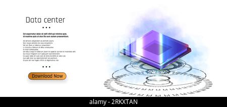 Futuristic microchip processor with lights on the blue background. Quantum computer, computer processor with digital chip and electronic components on Stock Vector