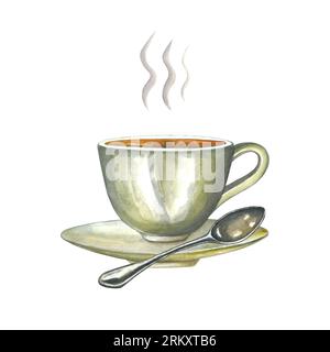 Watercolor illustrations composition porcelain hot tea cup with saucer,spoon and steam isolated on white background hand drawn Stock Photo
